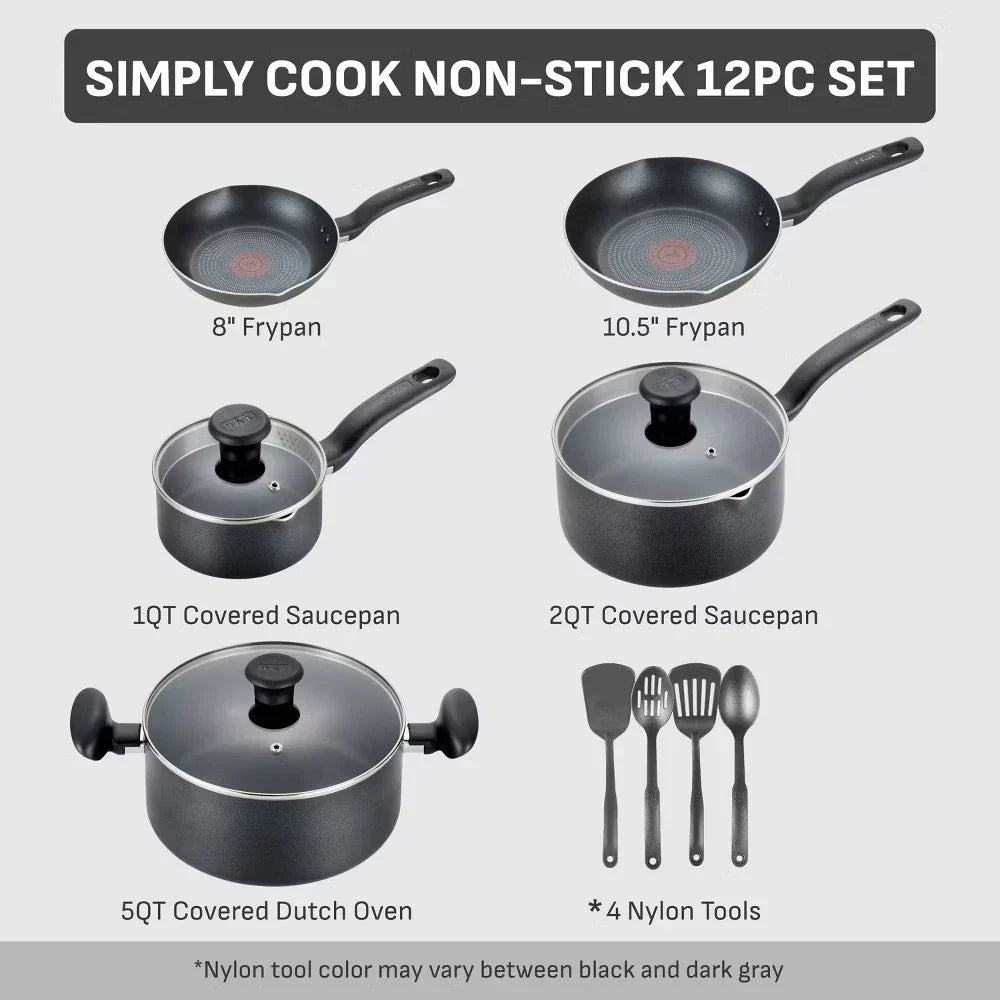 T-fal 12pc Simply Cook Nonstick Cookware Set Charcoal Black: Kitchen Pan &